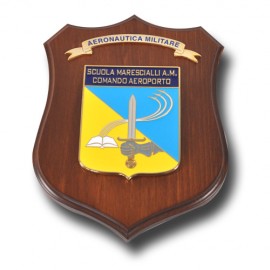 CREST ARALDICO IN METALLO SMALTATO CON BASE IN LEGNO SCUOLA MARESCIALLI A.M. COMANDO AEROPORTO MIS CM 22,5 X 17,5
