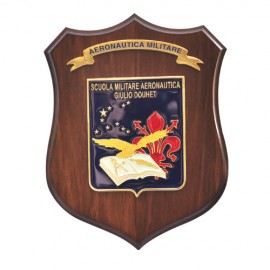 CREST ARALDICO IN METALLO SMALTATO CON BASE IN LEGNO SCUOLA MILITARE AERONAUTICA GIULIO DOUHET MIS CM 22,5 X 17,5