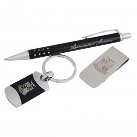SET PENNA IN METALLO, PORTACHIAVI E FERMASOLDI INCISO