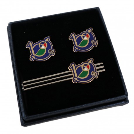 SET GEMELLI E FERMACRAVATTA NICHEL, LOGO FONDO BLU IN METALLO DORATO E SMALTATO LEVIGATO