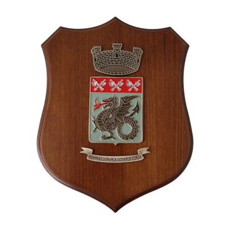 CREST IN METALLO E SMALTO STEMMA ARALDICO VIGILI DEL FUOCO SU BASE IN LE