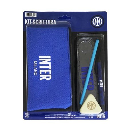 KIT DA SCRITTURA CON GRAFICHE ASSORTITE COMPOSTO DA 1 RIGHELLO, 1 GOMMA, 1 MATITA, 1 PENNA, 1 PORTAPENNE INTER