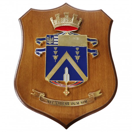 CREST IN METALLO SMALTATO BASE LEGNO 22,5X17,5CM 5 RGT ALPINI