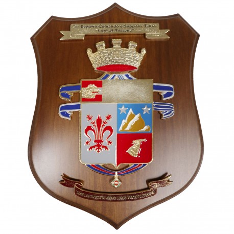 CREST IN METALLO SMALTATO BASE LEGNO 22,5X17,5CM 78 RCST LUPI DI TOSCANA